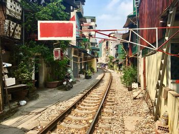 Railroad tracks amidst buildings in city