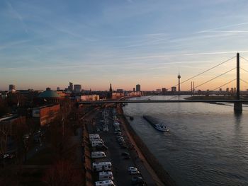 High angle view of city at sunset