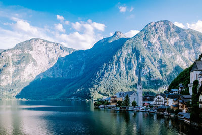 Scenic view of lake by mountains against sky