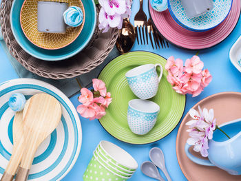 High angle view of various flowers in bowl on table