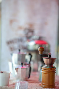 Close-up of wine bottles on table at home