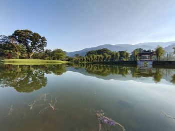 Scenic view of lake by trees against sky