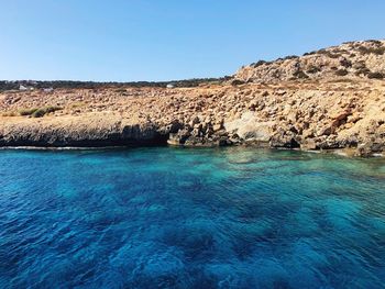 Scenic view of sea against clear blue sky