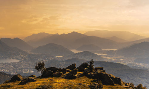 Scenic view of mountains against sky during sunset