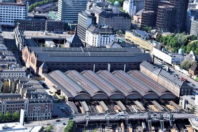 High angle view of buildings in city