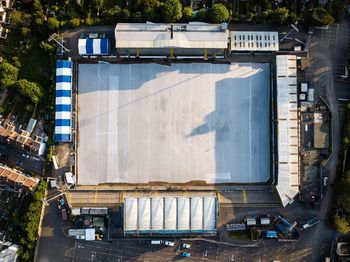 High angle view of buildings seen through window