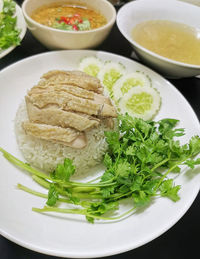 High angle view of meal served on table