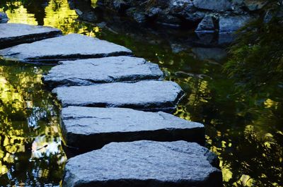 Close-up of stone wall by lake