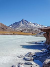 Scenic view of frozen lake against clear blue sky