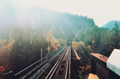 High angle view of railroad tracks amidst trees against sky