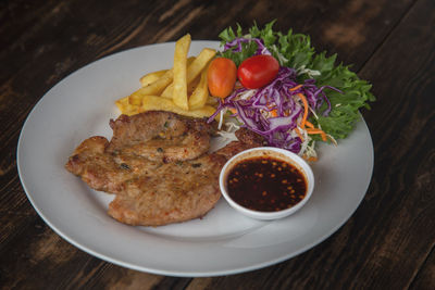 High angle view of food served on table