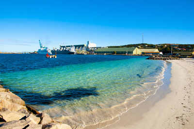 Scenic view of sea against clear blue sky