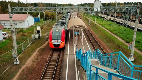 High angle view of train on railroad tracks