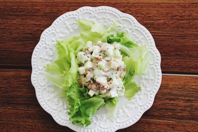 High angle view of salad in plate on table
