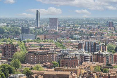 Aerial view of bolgna with skyscapers in background