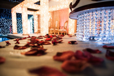 Rose petals on table during wedding