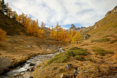 Scenic view of mountains against sky during autumn