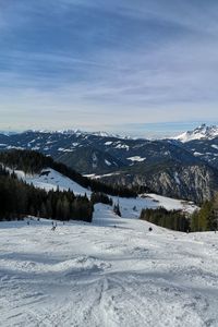 Snow covered landscape against sky