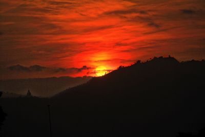 Silhouette of mountain against cloudy sky at sunset