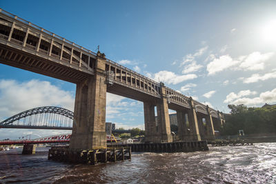 Low angle view of bridge over river against sky in city