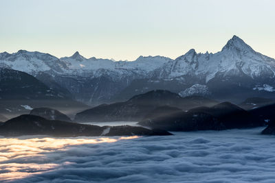 Scenic view of snowcapped mountains against sky during sunset