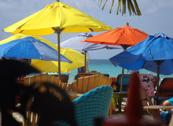 View of umbrellas on beach against clear sky