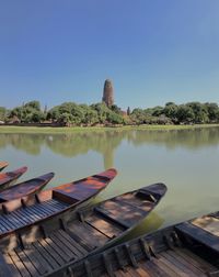 Scenic view of lake against clear blue sky