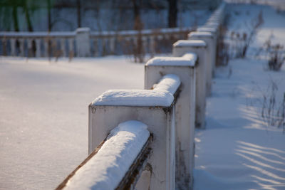 Close-up of snow covered railing