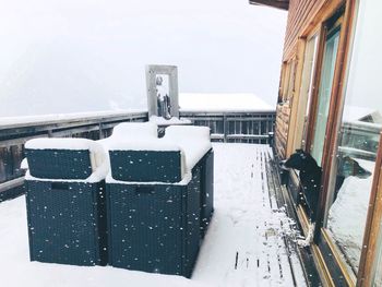 High angle view of snow on building during winter