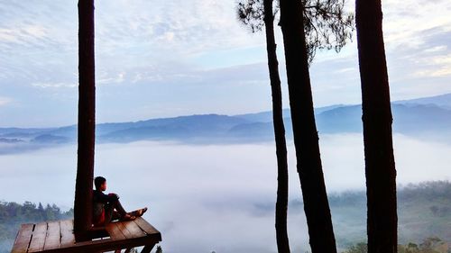 Man sitting by trees against sky