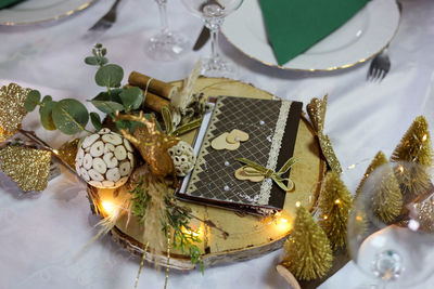 Close-up of christmas decorations on table