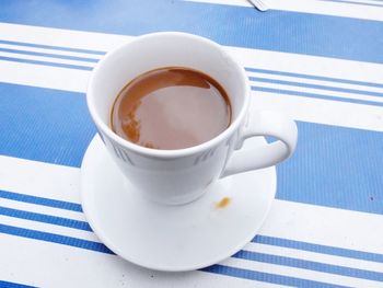 High angle view of coffee cup on table