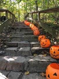 High angle view of pumpkin on steps during halloween