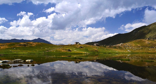 Scenic view of lake and mountains against sky