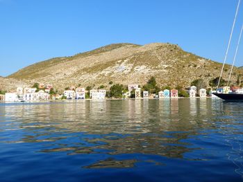 Scenic view of lake and mountains against clear blue sky