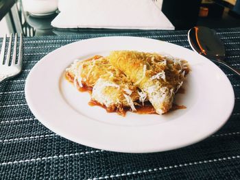 Close-up of breakfast served on table