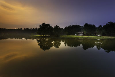 Scenic view of lake against sky at sunset