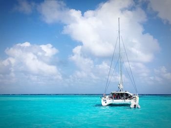 Sailboat sailing on sea against sky