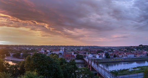 High angle view of townscape against sky at sunset