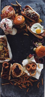 High angle view of various food on table