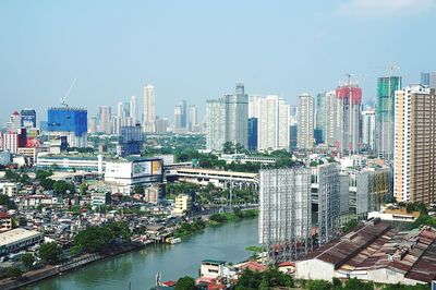 High angle view of cityscape against clear sky