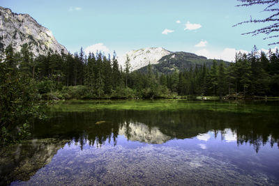 Scenic view of lake and mountains against sky