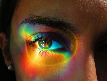 Close-up portrait of multicolored light on woman eye