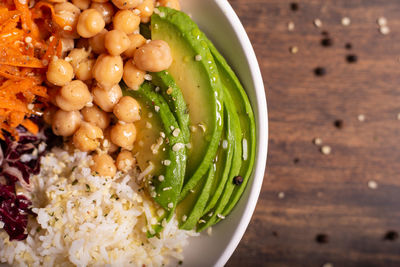 High angle view of vegan meal served in bowl on table