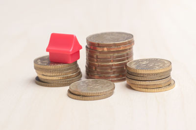 Close-up of coins on table