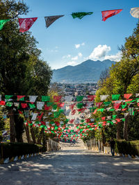 Multi colored flags hanging amidst trees in city against sky