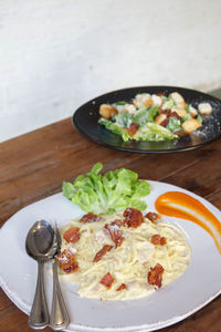 High angle view of food served on table