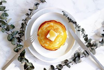 High angle view of dessert served on table