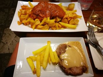 Close-up of food served on table