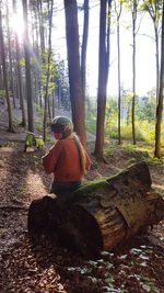 Rear view of man sitting by tree trunk in forest